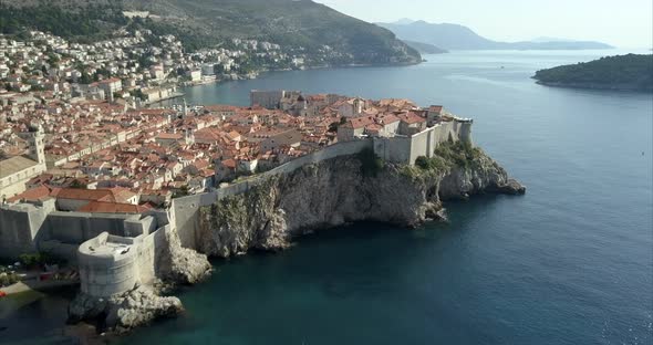 Dubrovnik Old town aerial shot, the camera passes high over Fort Lovrijenac and on to Old Town