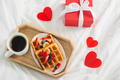 Valentines day breakfast with coffee and belgian waffle on white bed linen. Top view. - PhotoDune Item for Sale