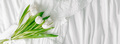White tulips flowers on white textile background. Long panoramic banner for design. - PhotoDune Item for Sale