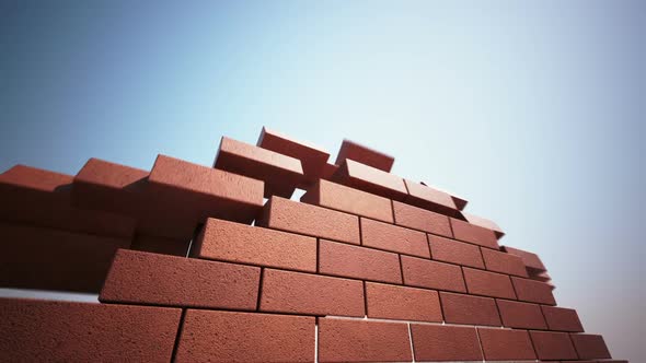 A brick by brick wall building animation. Filled with bright cement. HD