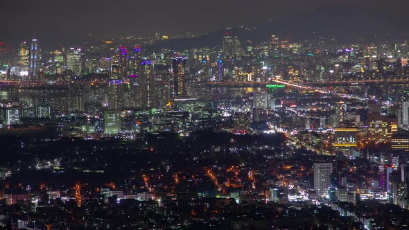 Panorama of Illuminated Night Seoul, Korea Timelapse