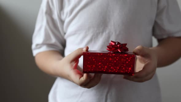 The boy give a red gift, Valentines day. Christmas gift.