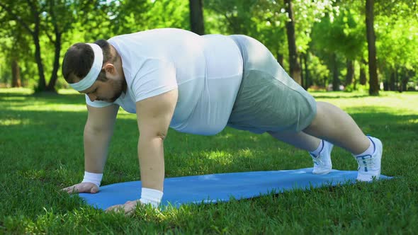 Fat Man Doing Plank, Training Outdoors, Desire to Be Slim, Motivation Willpower