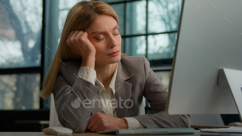 ith work in office with computer overworked exhausted sick ill woman worker need some rest at workplace sleep nap fatigue burnout manager at table. High quality 4k footage