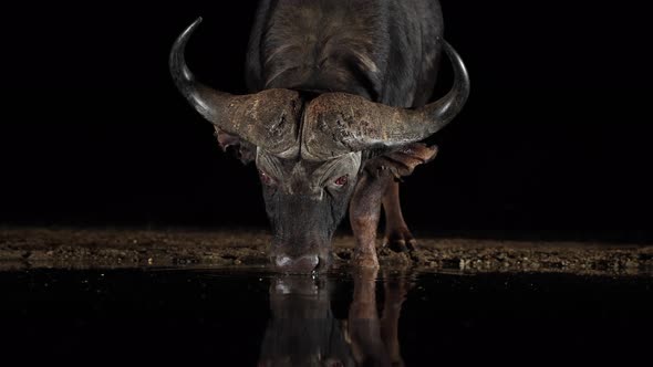 Close up Cape Buffalo drinks from pond in night blackness, side light