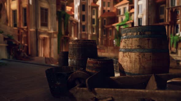 Old Wooden Wine Barrels in a Sea Town Port