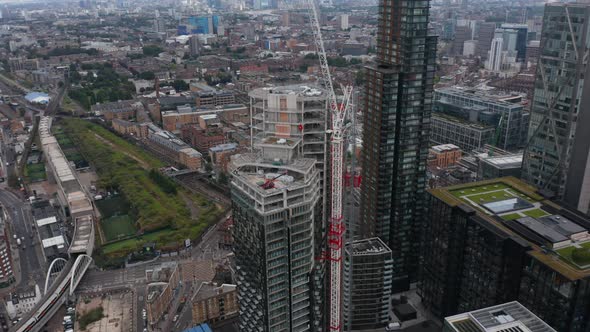 Fly Around Construction Site of New Skyscraper in Shoreditch District