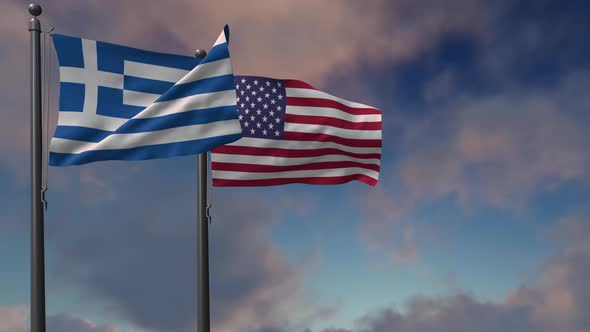 Greece Flag Waving Along With The National Flag Of The USA - 4K