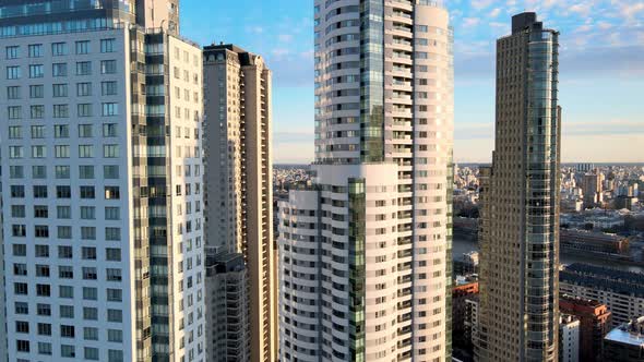 4K Aerial Drone Footage of Puerto Madero with Dolly Pull Out Shot Revealing Skyscrapers.