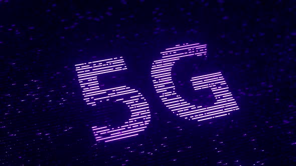 Purple 5G Text Made with Flying Particles