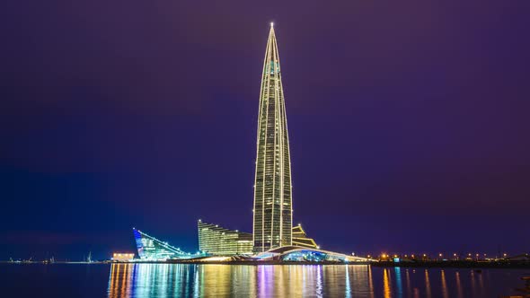 timelapse of business skyscraper at night. lakhta center, european architecture