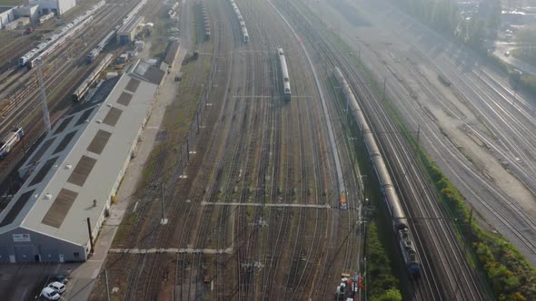 Aerial view. Modern high speed train. Railroad in landscape, aerial view from above. 