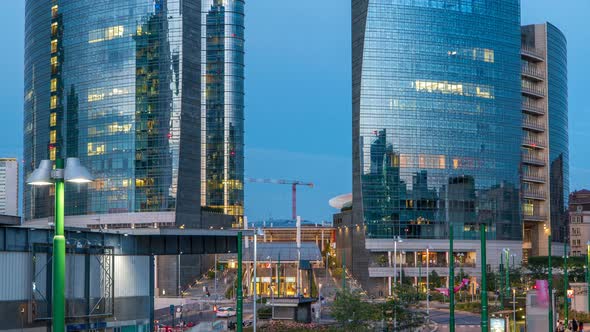 Milan Skyline with Modern Skyscrapers in Porta Nuova Business District Day To Night Timelapse in