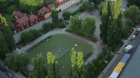 Stockholm, Sweden. Panoramic aerial flying drone view of the square