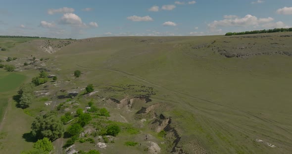 aerial shot of trinca canyon with flock of sheep