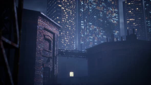 Skyscrapers of Business Center and Pipes of Factory Polluting Air alt