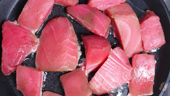 Cooking Fresh Tuna Steaks Closeup Timelapse