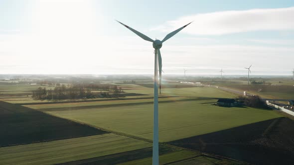Aerial Windmills Wind Turbines Producing Clean Ecological Electricity in Green Agricultural Fields