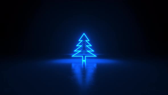 Christmas trees, blue neon glow icon on dark black background