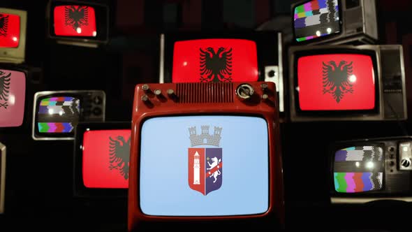 Flag Of Tirana and Flags of Albania on Retro TVs.