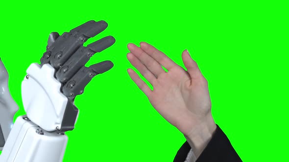 Hand of a Woman and a Robot Hand Give Five, Green Screen, Close Up, Slow Motion