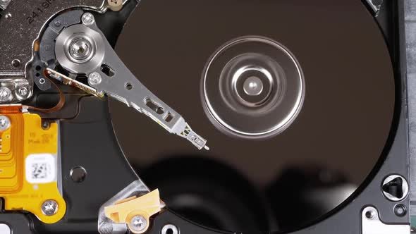 Hard Disk Drive Inside. Structure of HDD, Spinning Platter. Move Magnetic Head