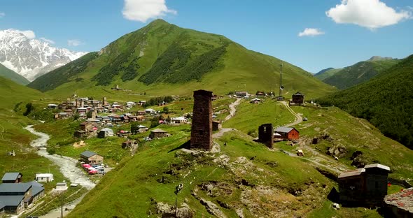 Medival Stone Tower House Buildings in Caucasus Nature Mountains, Rivers and Valleys In North East O