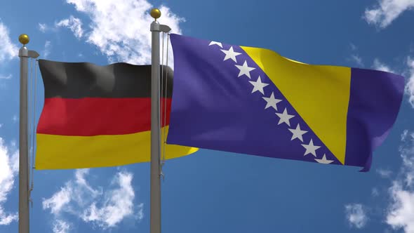 Germany Flag Vs Bosnia And Herzegovina On Flagpole