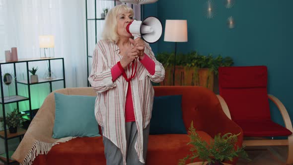 Senior Old Grandmother Scream in Megaphone Loudspeaker Announces Discounts Real Estate Sale Hurry Up