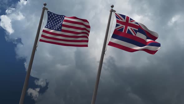 Waving Flags Of The United States And Hawaii State Flag 2K