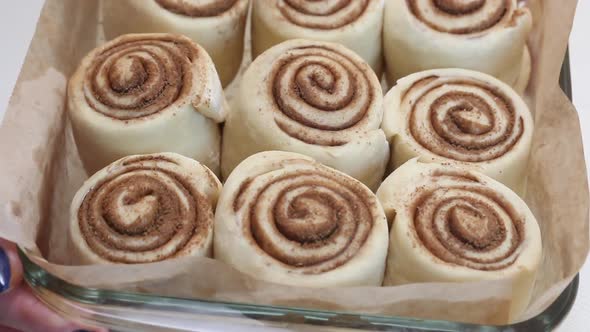 Billets For Baking Cinnabons In A Glass Baking Dish.