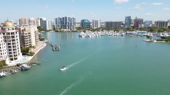 beautiful fasting forward aerial of downtown Sarasota, Florida, and the apartments and condominiums