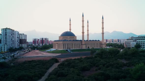 Blue Mosque Wit Four Minarets and Modern European City Landscape