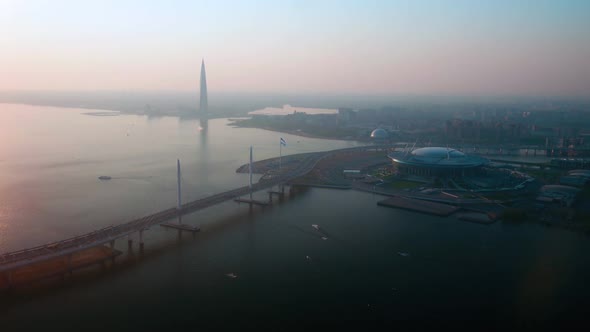 A Football Stadium and a Skyscraper on the Shore of the Gulf of Finland in St