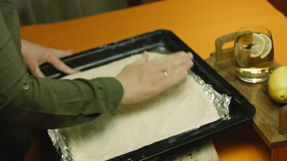 I Spread the Dough on the Baking Tray with Aluminum Foil