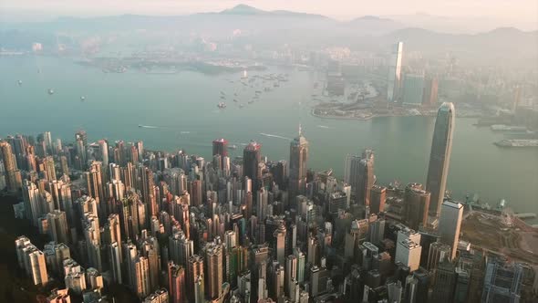 Aerial top view of Hong Kong Downtown, China in urban city in Asia. Skyscrapers high-rise buildings.