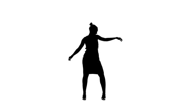 Attractive Social Latina Dancer in Skirt Starting Dancing, on White, Silhouette