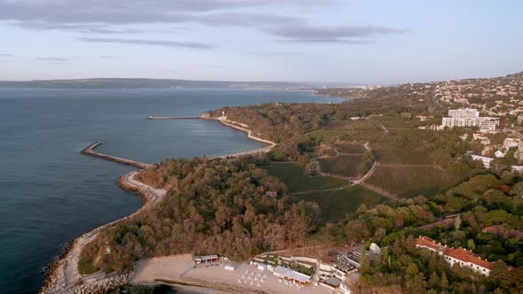 Aerial video with panoramic morning view of beautiful coastline