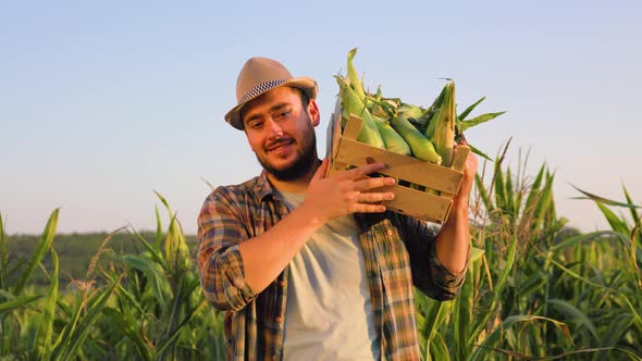 Front View Looking at Camera Young Man Farmer Agronomy Stand in Field with Box Full of Corn on