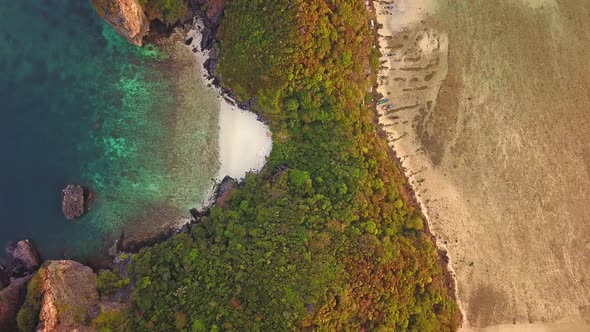 Aerial view of Phi Phi, Maya beach at sunset with Andaman sea in Phuket. Thailand