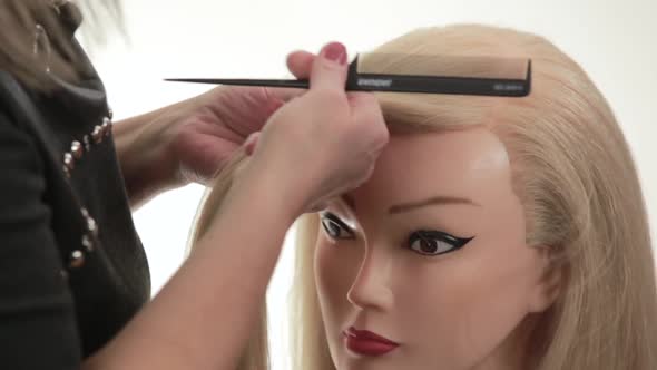 Long Blonde Hair Mannequin. Separation of Strands for the Hair. Close Up