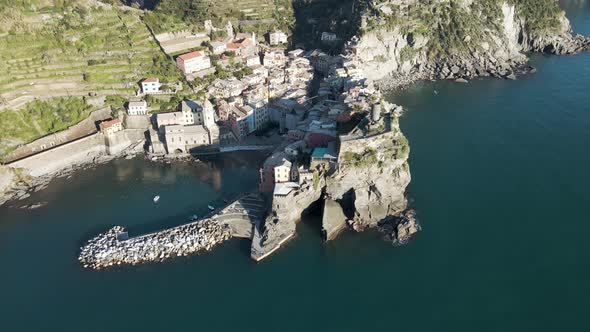 Aerial view of Vernazza old town along the coast, Cinque Terre, Liguria, Italy.