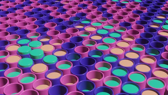 Multicolor cylinders in abstract animated 3d render scene. Seamless loop