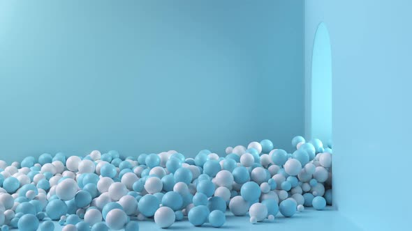 Blue and White Balls Pour Out of the Open Door Into a Large Bright Room Animation