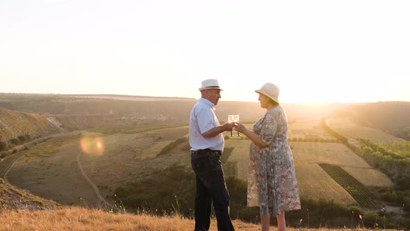 Elderly Couple on the Top of the Hill, Cheer Glasses of Champagne at the Sunset