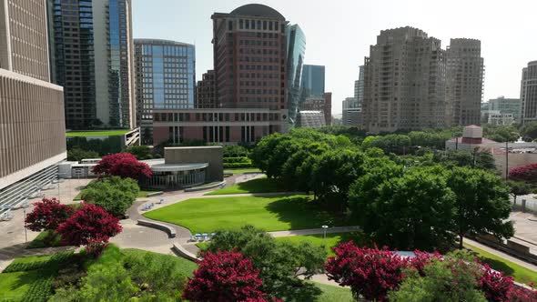 American urban city with green space park. Flowering trees and outdoor areas for relaxation and leis