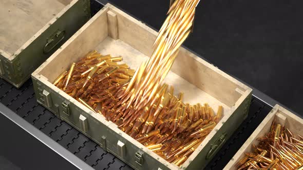 Animation of the opened wooden military boxes. Ammo is falling into the crates.