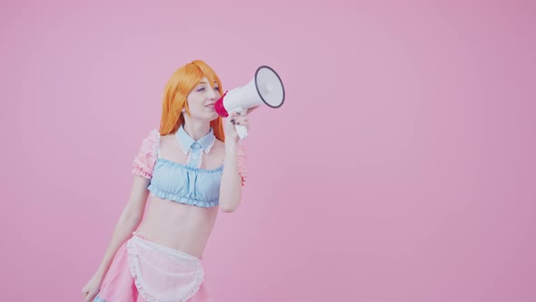 Young GingerHaired Teenager Fights For Her Rights By Chanting Via Megaphone Medium Long Studio Shot