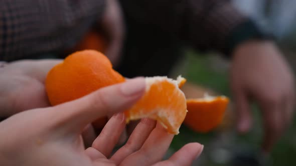 Woman hand peeling ripe sweet tangerine, close up above the fireplace in the forest at camping