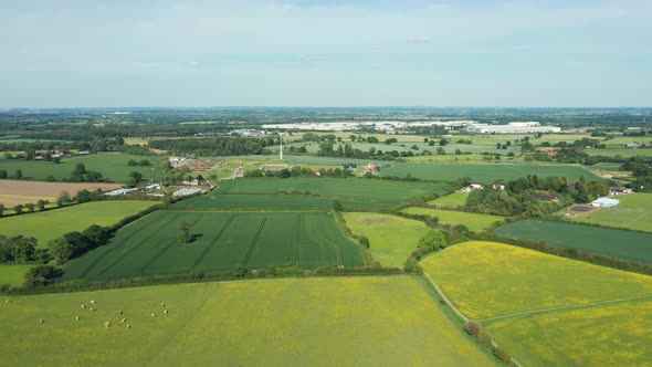 Aerial view of green countryside and cultivated fields